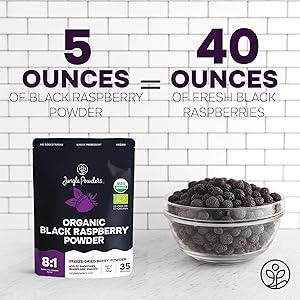 Jungle Powders Organic Black Raspberry Powder 5 Ounce Bag, USDA Organic Freeze Dried Raspberries Fruit Whole Berry for Baking, Additive Filler Free Superfood Extract Rasberries Smoothies Dehydrated