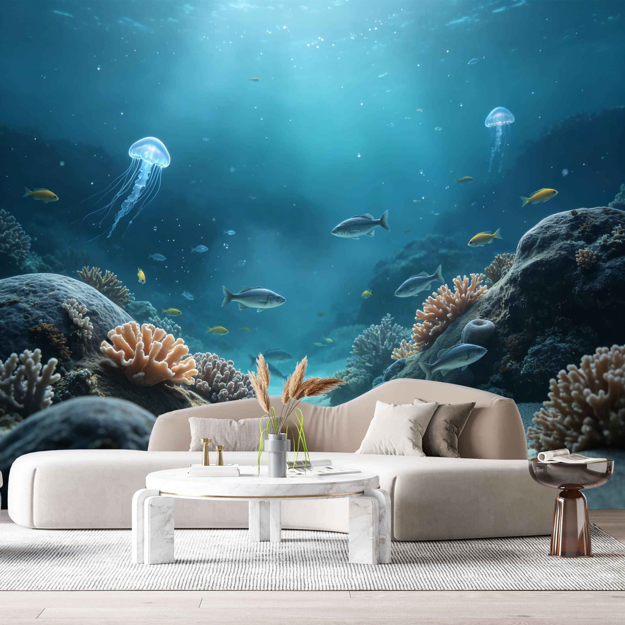 Custom Size Wall Murals Ocean Marine Watercolor Jellyfish Tropical Fish Underwater Scene SelfAdhesiveWall Fabric Removable Wallpaper Wall Decor for Living Room Bedroom Bathroom