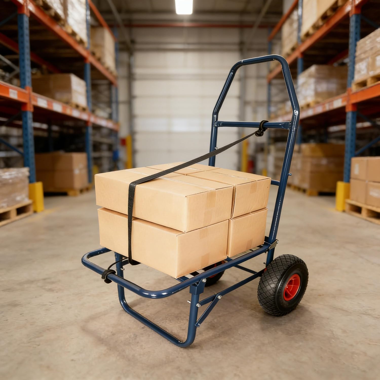 Relaxdays transport trolley, foldable, H x W x D: 102x50x37 cm, pneumatic tyres, up to 80 kg, steel, blue