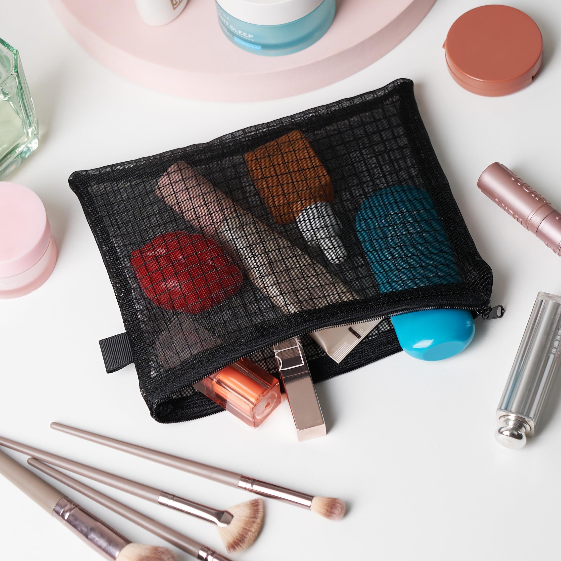 Bolsa de malla con cremallera, Set de 5, organizar suministros, cosméticos, accesorios de viaje