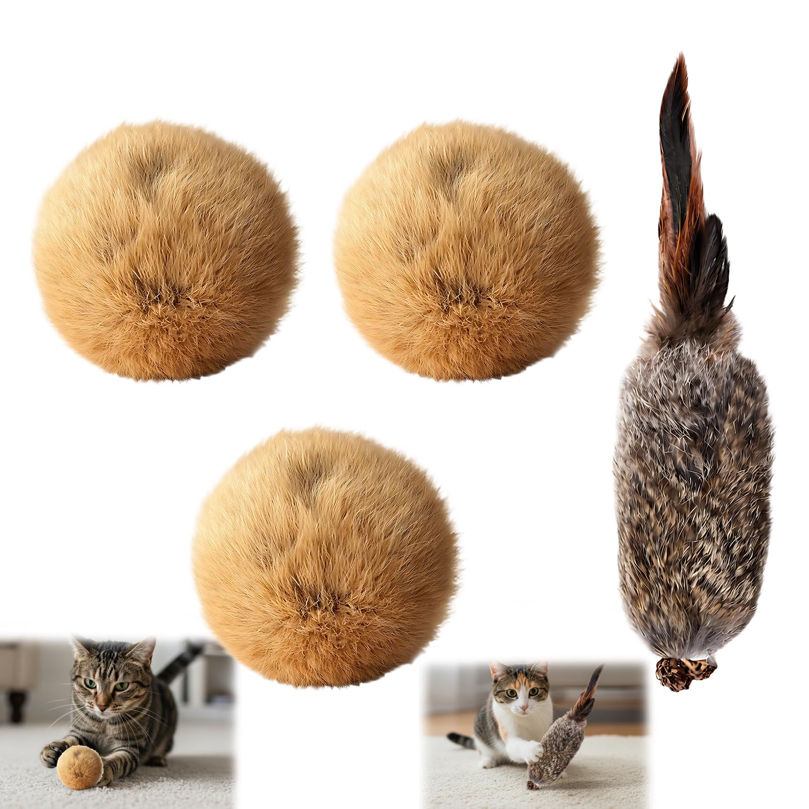 DNTHYRIN 4PCS Cat Balls, Catnip Balls, Interactive Cat Set with 3 Large Rabbit Fur Balls and 1 Rabbit Tail Wand, Engaging Playtime Activity for Indoor Cats