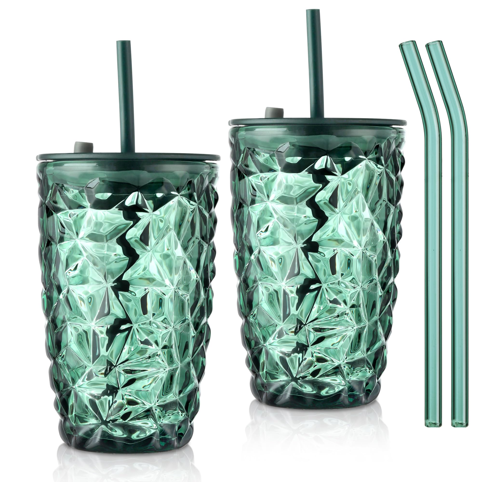 Joeyan 14.5 oz Green Tumbler with Lid and Straw,Iced Coffee Glass Cups with Diamond Design,Colored Smoothie Tea Drinking Jar,Portable Water Juice Beverages Soda Glasses,Set of 2,Dishwasher Safe