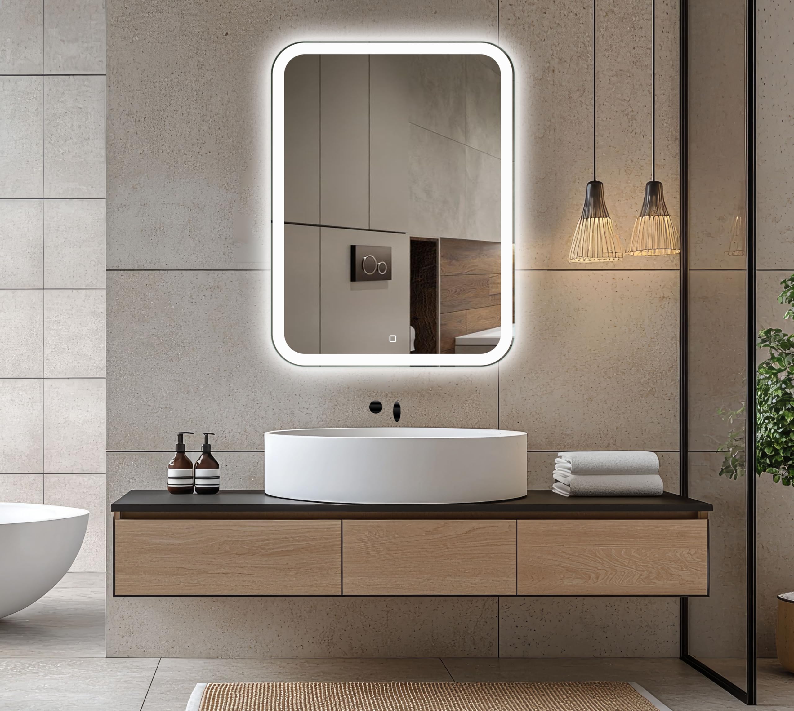 Venti Prostokątne Lustro Łazienkowe LED 60x80cm, Lustro ścienne z oświetleniem LED, Naturalne Białe Światło, Zaokrąglone rogi, Podświetlane z przodu