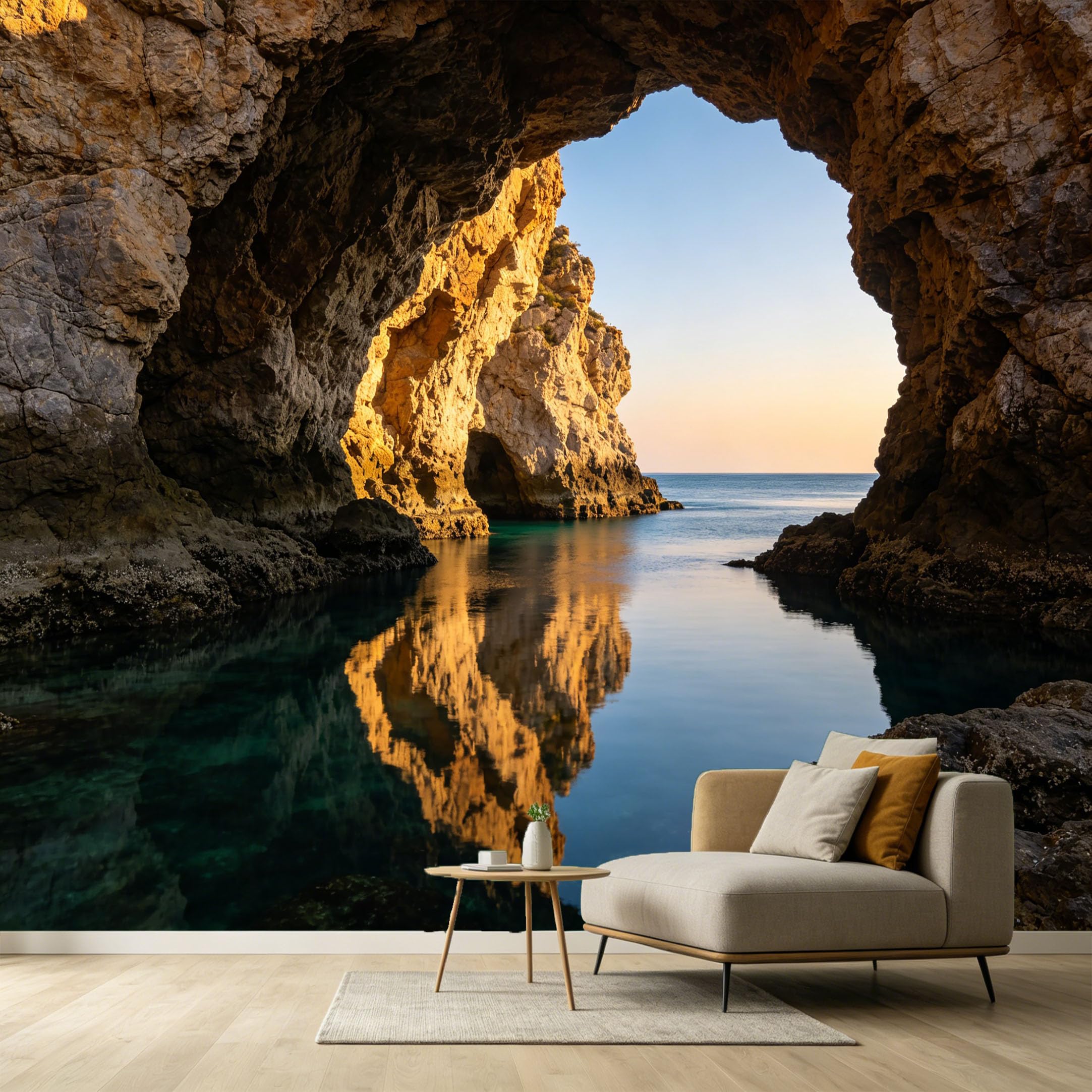 Custom Size Wall Murals Coastal Ocean Marine 3D Trompe L'Oeil Sea Cave Rocky Cliff Reflection SelfAdhesive Wall Fabric Removable Large Wallpaper for Photo Living Room