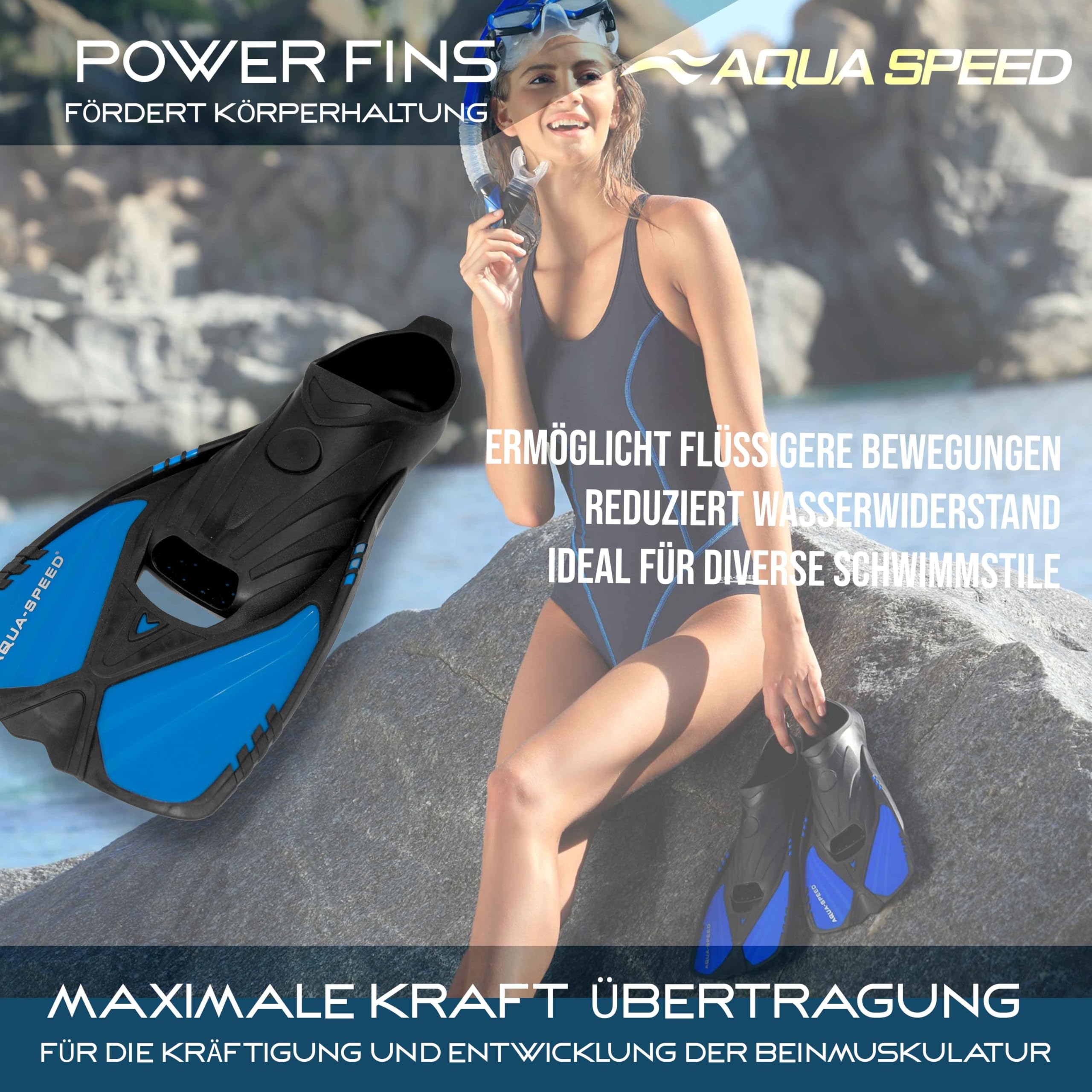 Aqua Speed Action para Adultos + UP Lanyard | Aletas de Buceo | Aletas de Entrenamiento | Correas de talón Antideslizantes | ergonómicas
