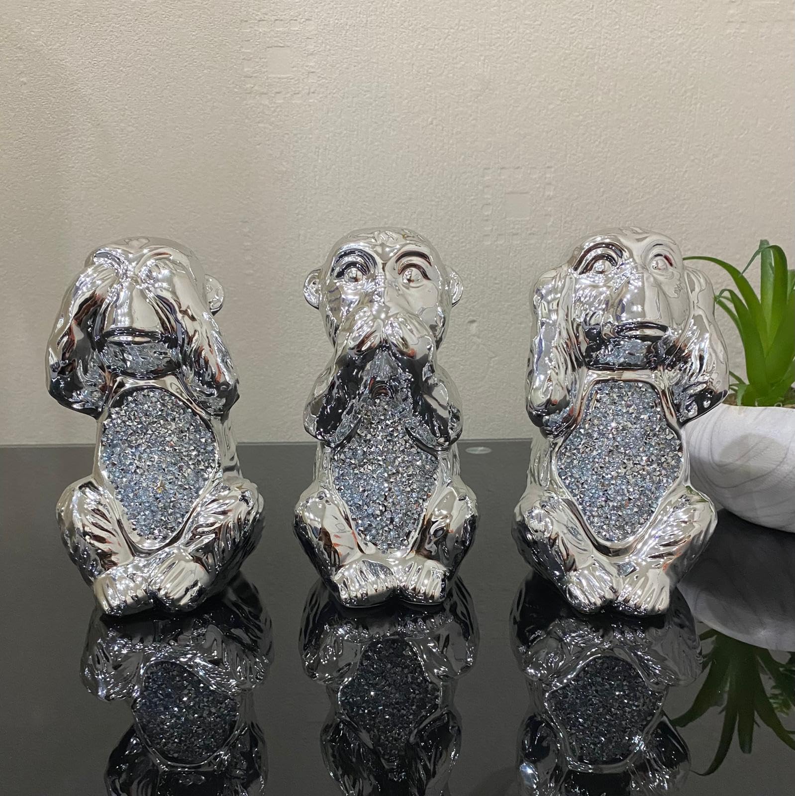 Stunning Silver Set Of 3 Wise Monkey Bling Diamond Crushed Crystal Ornament Home Décor And Room Décor Best