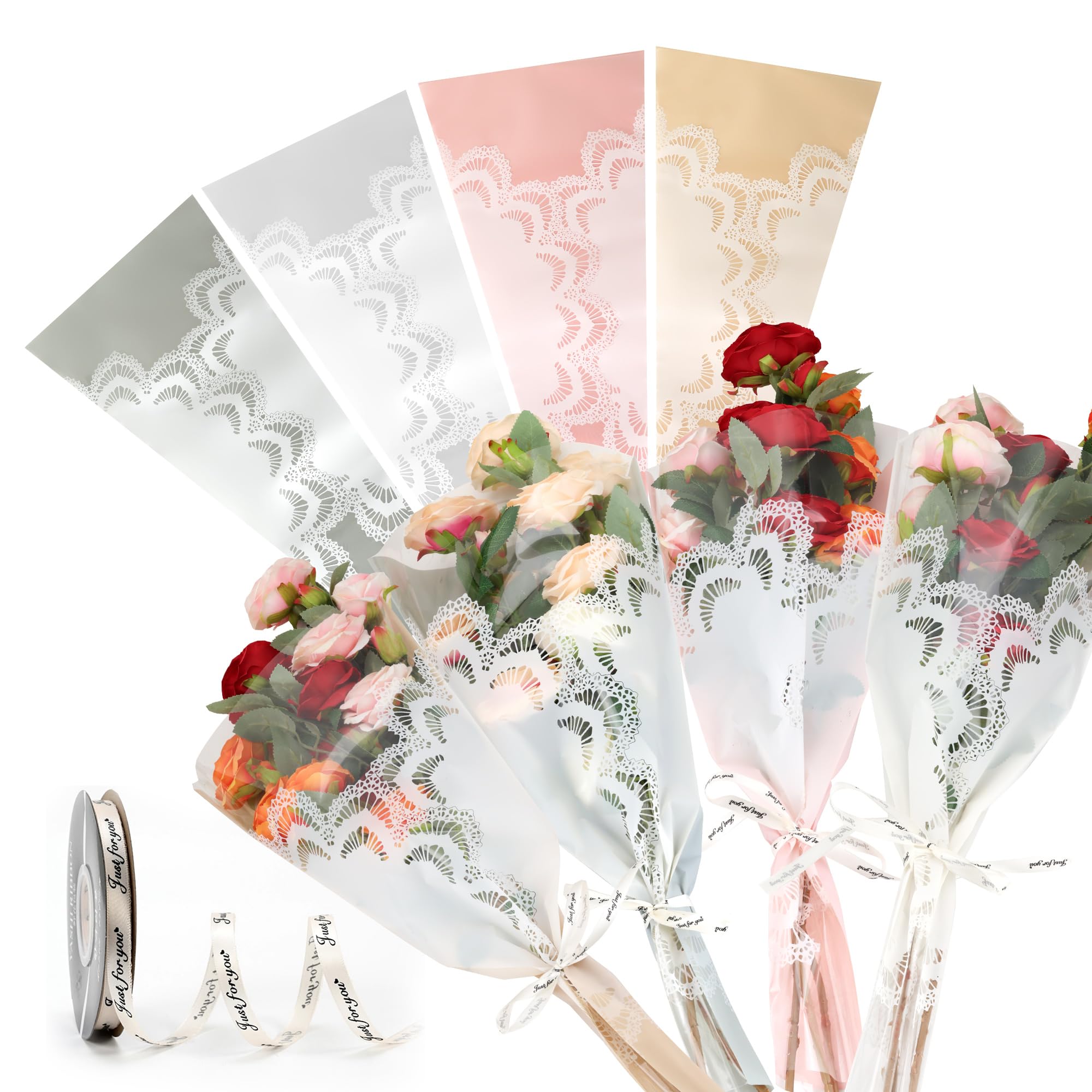 80 Pcs Long Flower Bags for Bouquets with Ribbon, flower Sleeves with Lace Pattern Cellophane for Florist Supplies Wedding Mother's Day Graduation