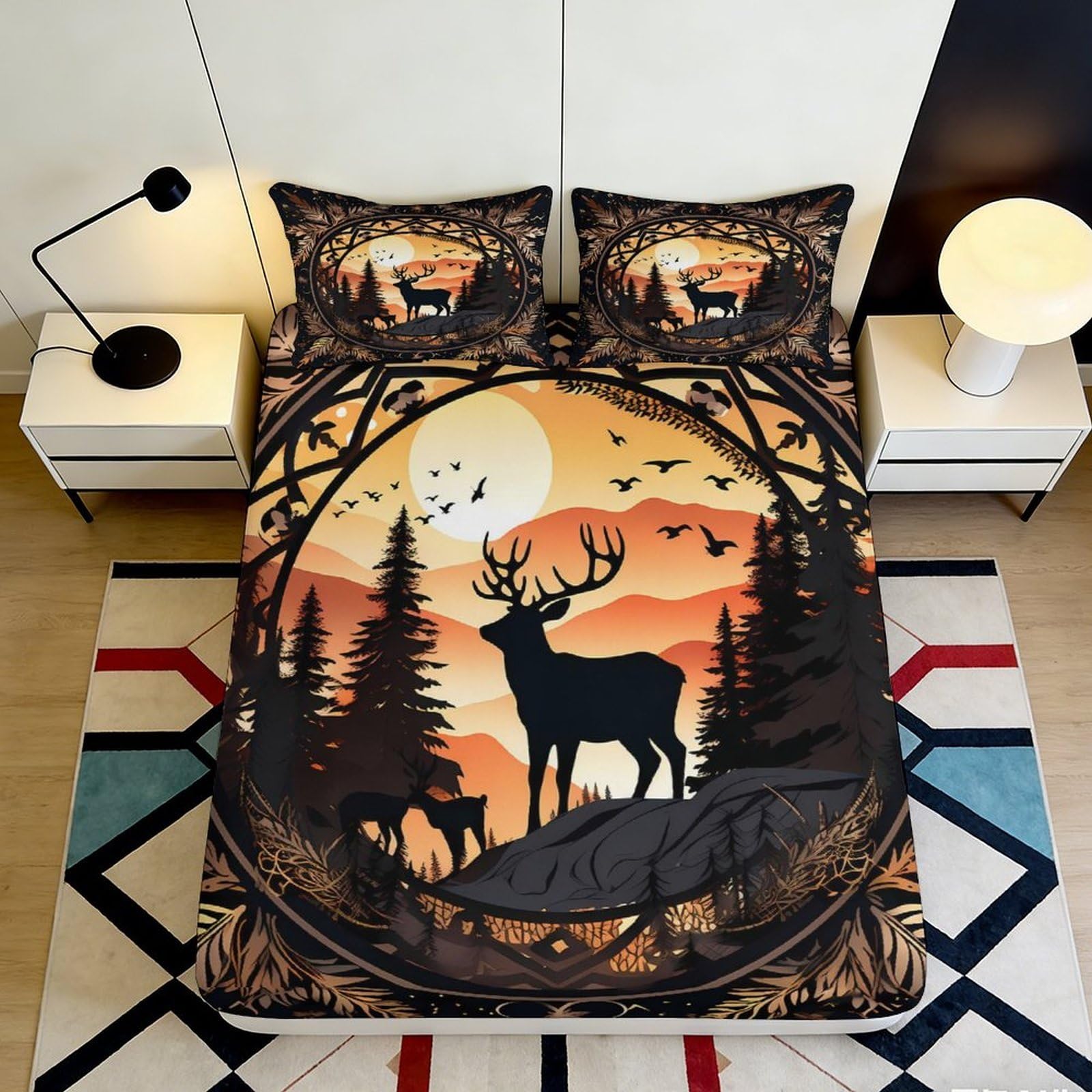 3D Printed Sunset Forest Deer Fitted Sheet Microfiber Soft Breathable Mountain Wildlife Bed Cover for Bedroom Guest Room 90x200x25cm