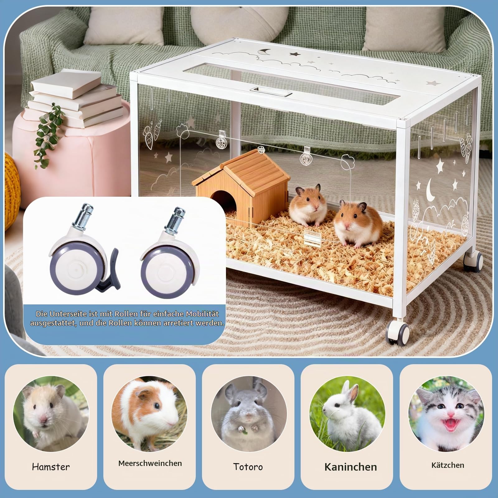 Hamsterkäfig mit Rädern, Groß Nagerkafig Rattenkäfig Kleintierkäfig, Weiß Hamsterhaus 360° Transparenz Hamster-Auslaufbereich aus Acryl Hamster Cage for Nager Mäuse, Ratten
