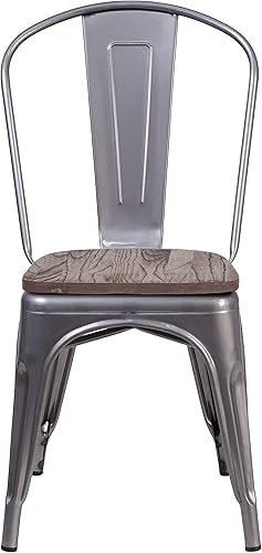 Miniatura 6 de Merrick Lane Silla de comedor apilable con respaldo de listones verticales de metal, marco recubierto transparente, asiento de madera de olmo con