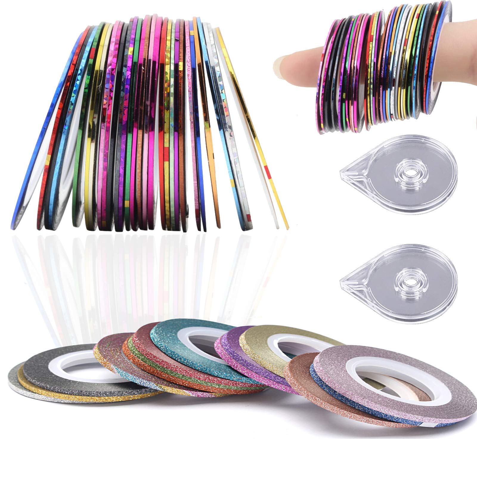 46 Rollen Nail Art Stripes – Selbstklebende Glitzer- & Matt-Streifen, Inkl. 2 Nagelbandspender