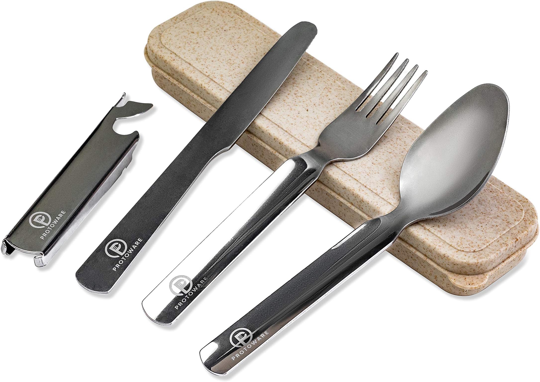 Reusable Travel Utensils with Case: Portable 4 Piece Utensil Set with Knife, Fork, Spoon and Bottle Opener - Stainless Steel Travel Cutlery Silverware for Camping, Backpacking, Hiking, or a Lunch Box