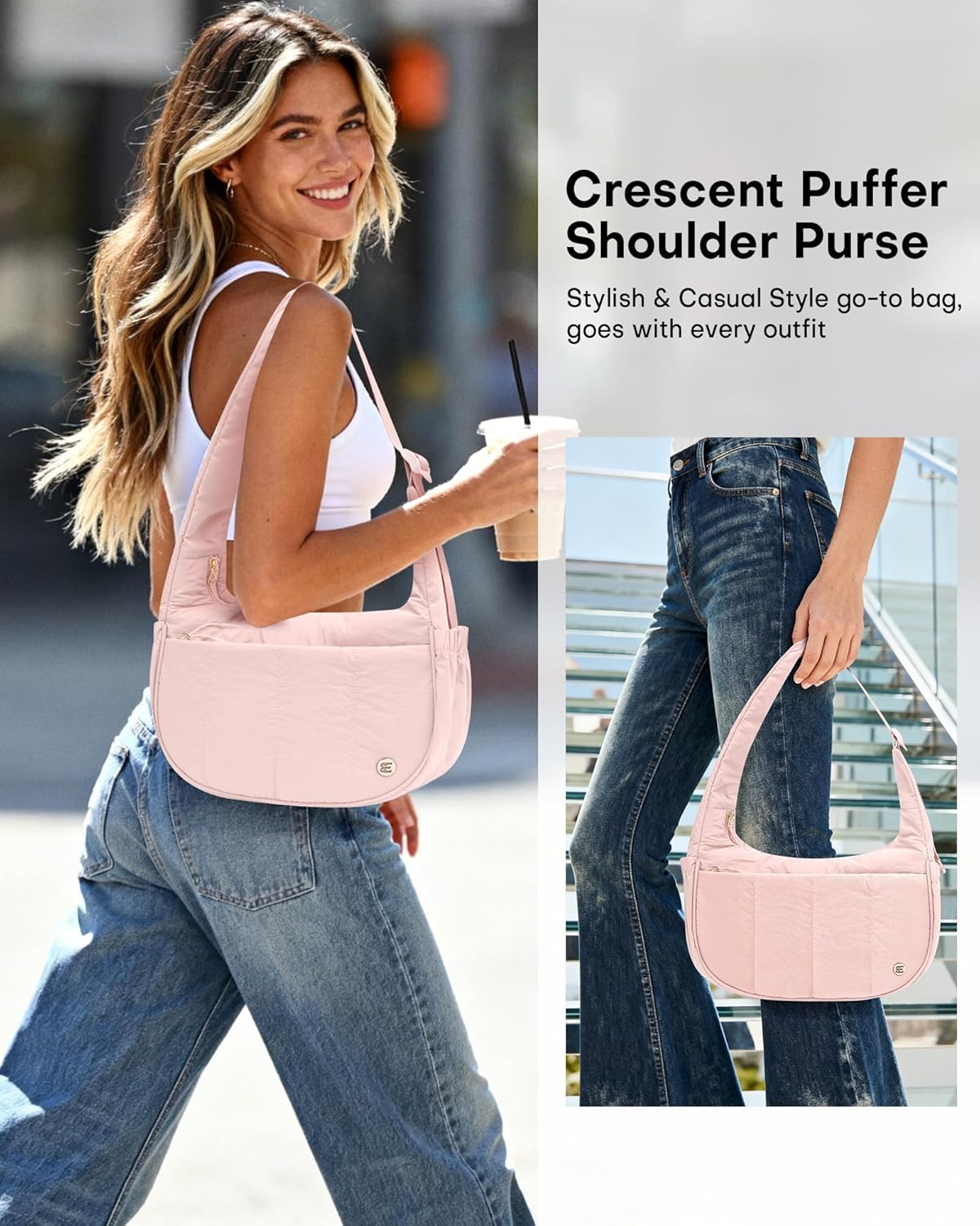 Puffer Crescent Shoulder Bag for Women, Small Nylon Puffy Quilted Shoulder Purse with Adjustable Strap & Multiple Pockets - Image 3