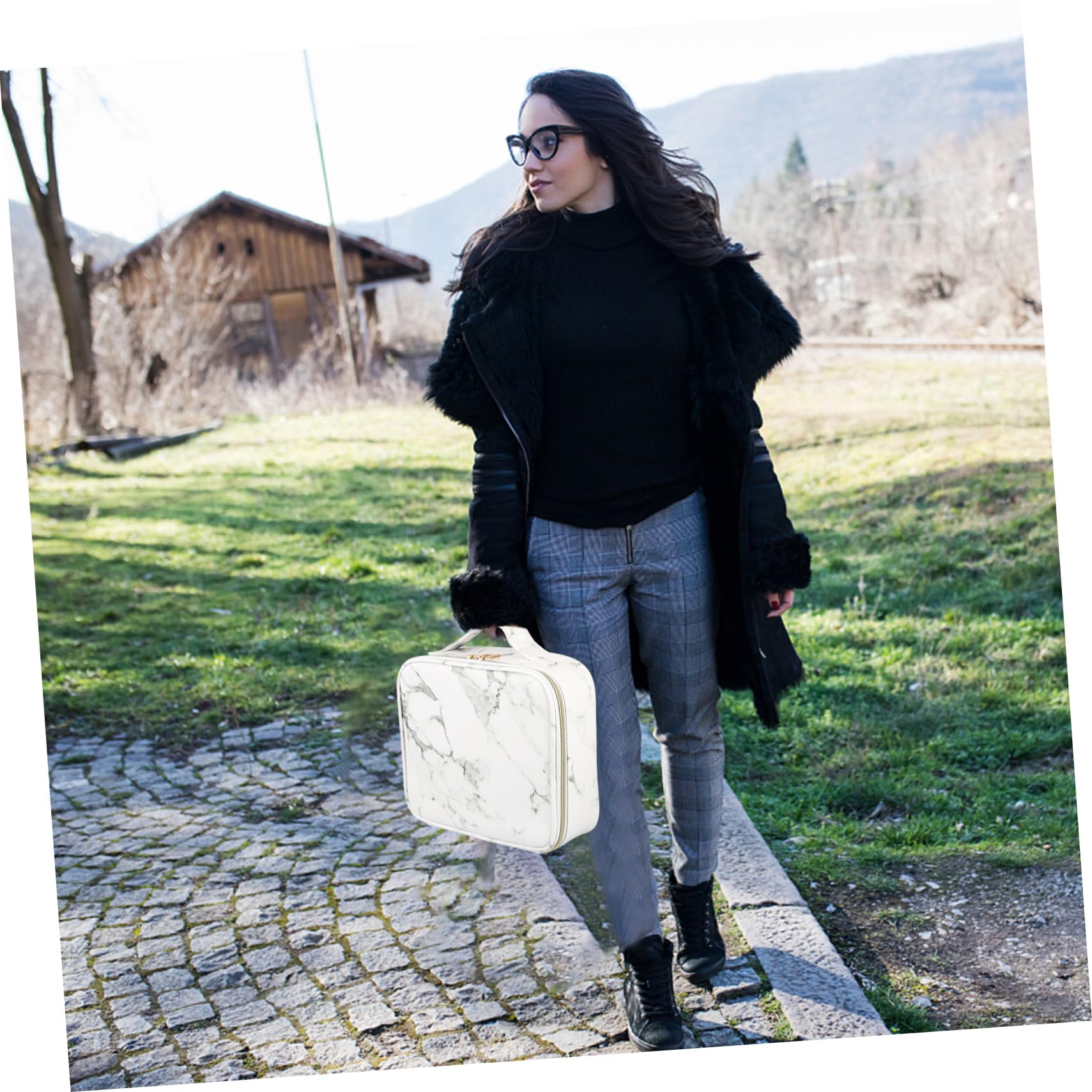 COLLBATH Tragbare Kosmetiktasche mit Fächern und Marmor Design Großer Pu Nylon Schminke Aufbewahrungsorganizer mit Griff für Reise und Make Up