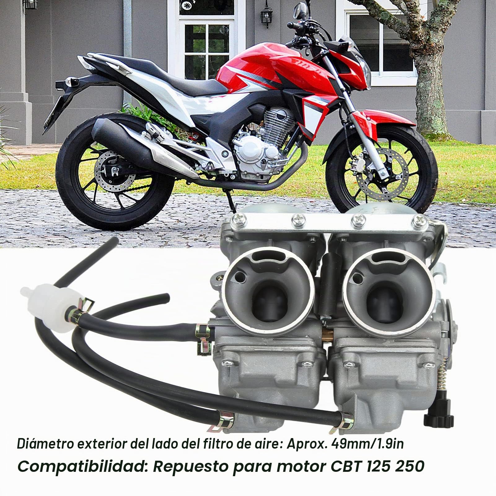 Carburador Bicilíndrico para Moto PD26JS 26 mm Carburador Doble Cilindro para Motor CBT 125 250 Carburador de Dos Cilindros con Entrada de 26 mm y Lado de Filtro de 49 mm Repuesto 606-060