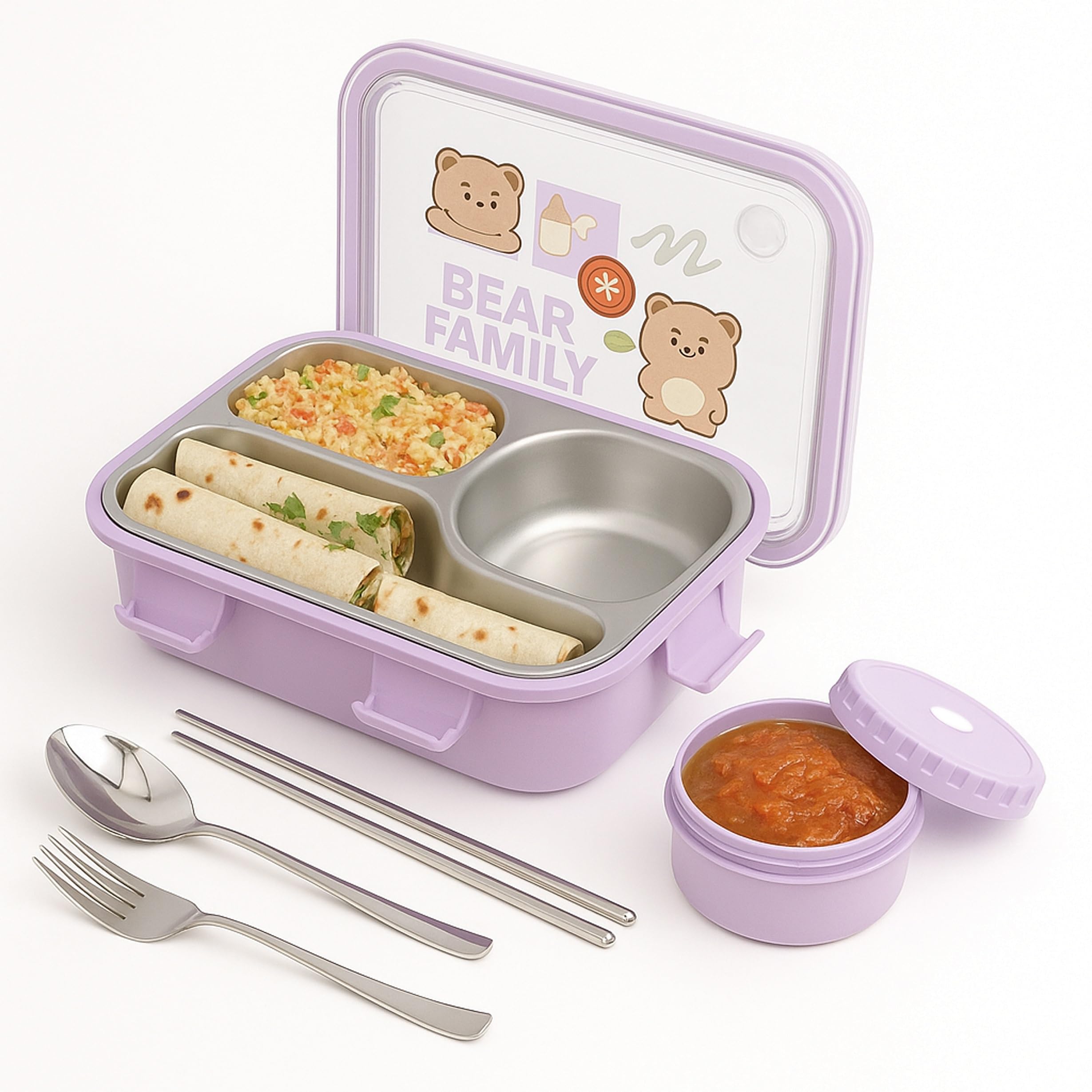 TEC TAVAKKAL Lunch Box 3 Compartment Leak-Proof BPA Free Stainless Steel, Lunch Box for Kids, Lunch Box for School & Office with a Fork, a Spoon and a Pair of Chopsticks (Bear Family Purple)