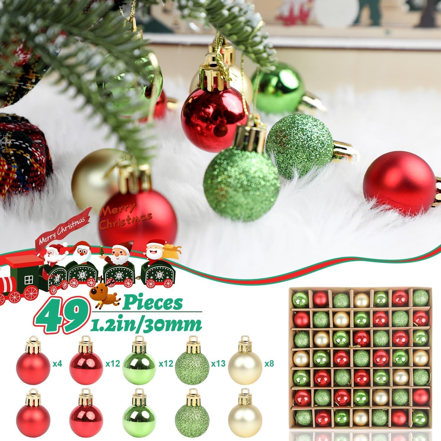 SULOLI 49PCS Bolas de Navidad de 3cm，Conjunto de Bolas de Navidad，Hermosa Bola de Árbol de Navida,Bolas Navideñas de Plástico para Decoración del Banquete de Boda，Cumpleaños(Verde, Rojo y Amarillo)