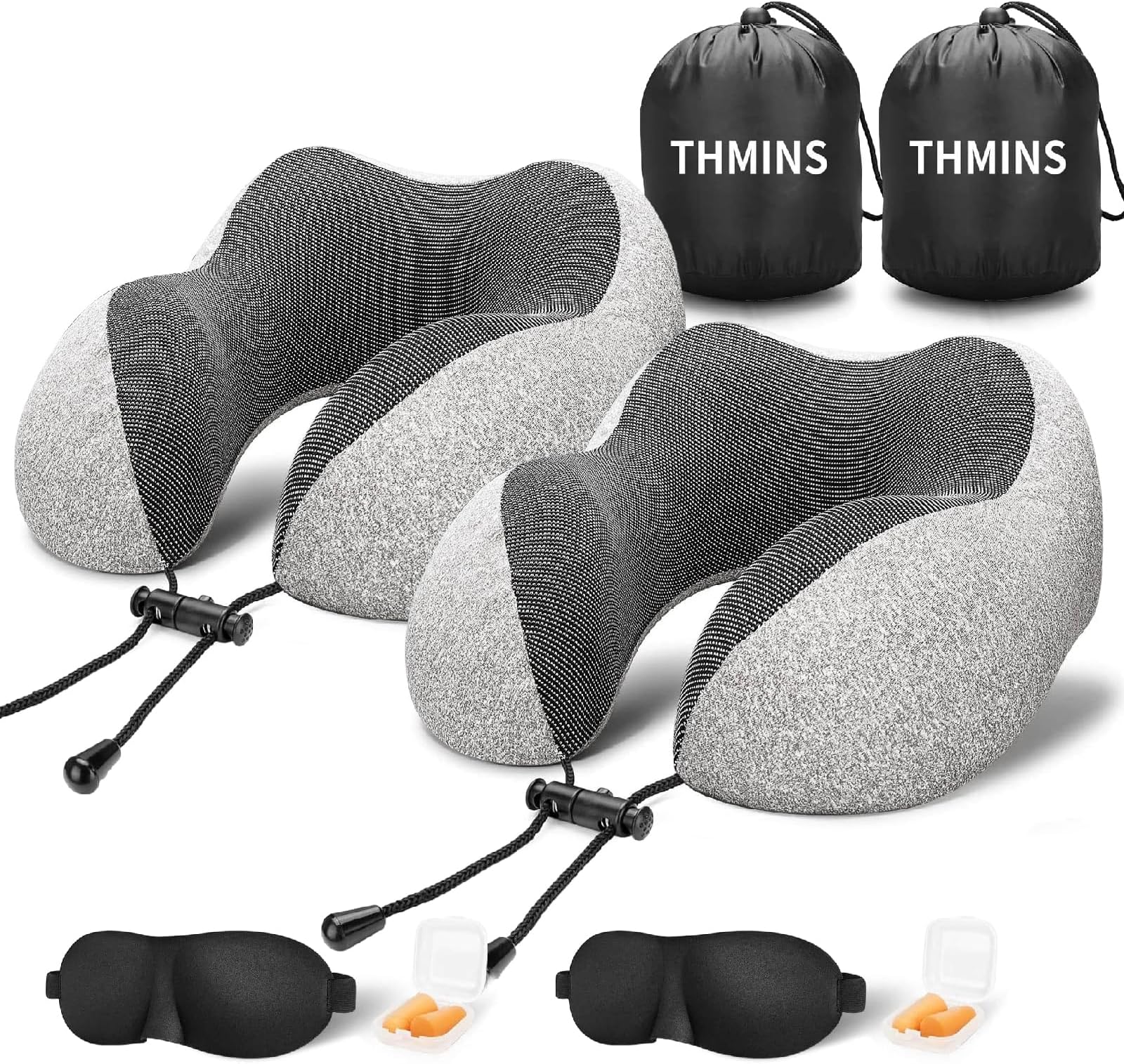 THMINS Travel Pillow, Airplane Neck Pillow for Travel, Neck Support, Comfortable and Breathable Cover, Airplane Travel Set with 3D Contoured Eye Masks, 2 Pack