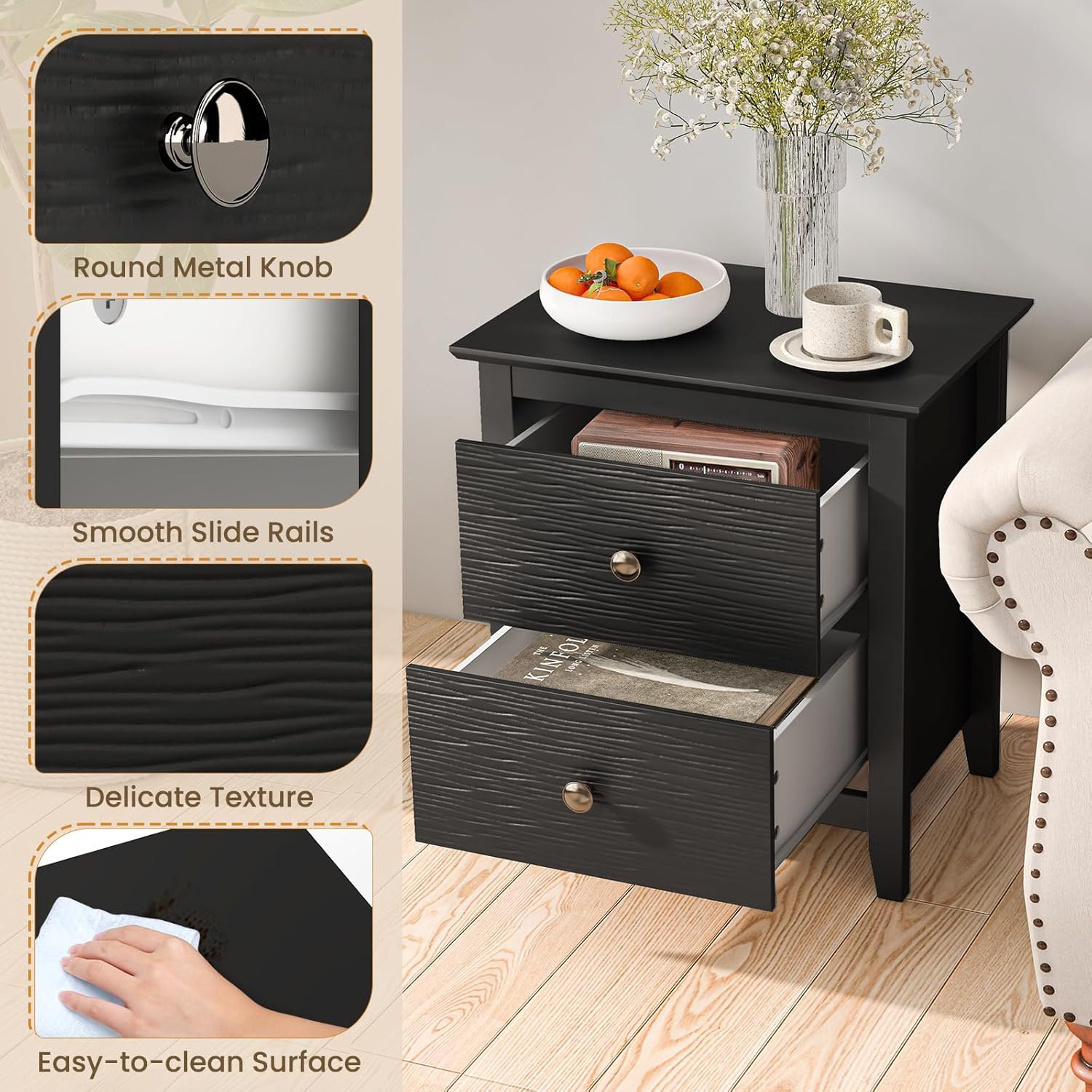KOMFOTT 2 Drawers Nightstand, Wooden Bedside Table, Modern Sofa Side End Table, Compact Side Table for Bedroom, Black