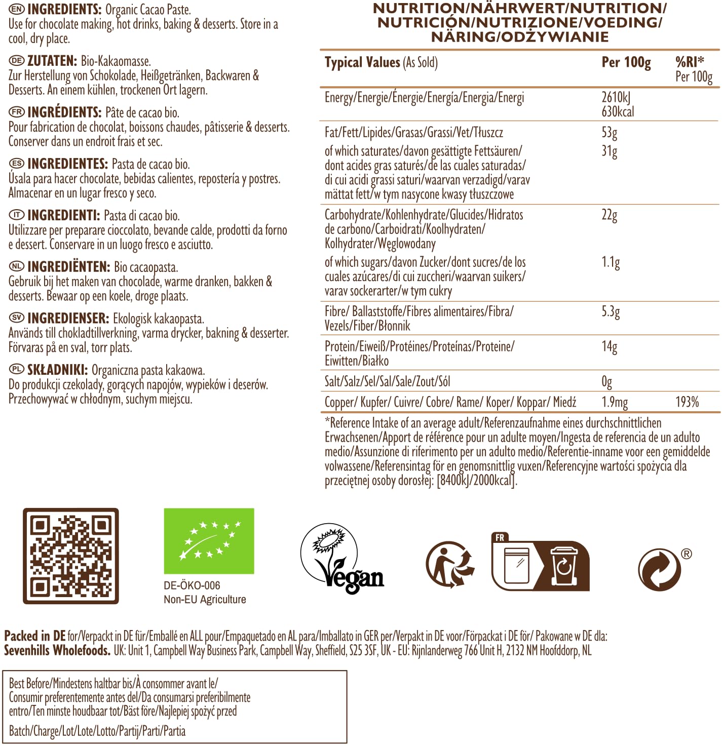 Sevenhills Wholefoods Pâte De Cacao Bio 500g