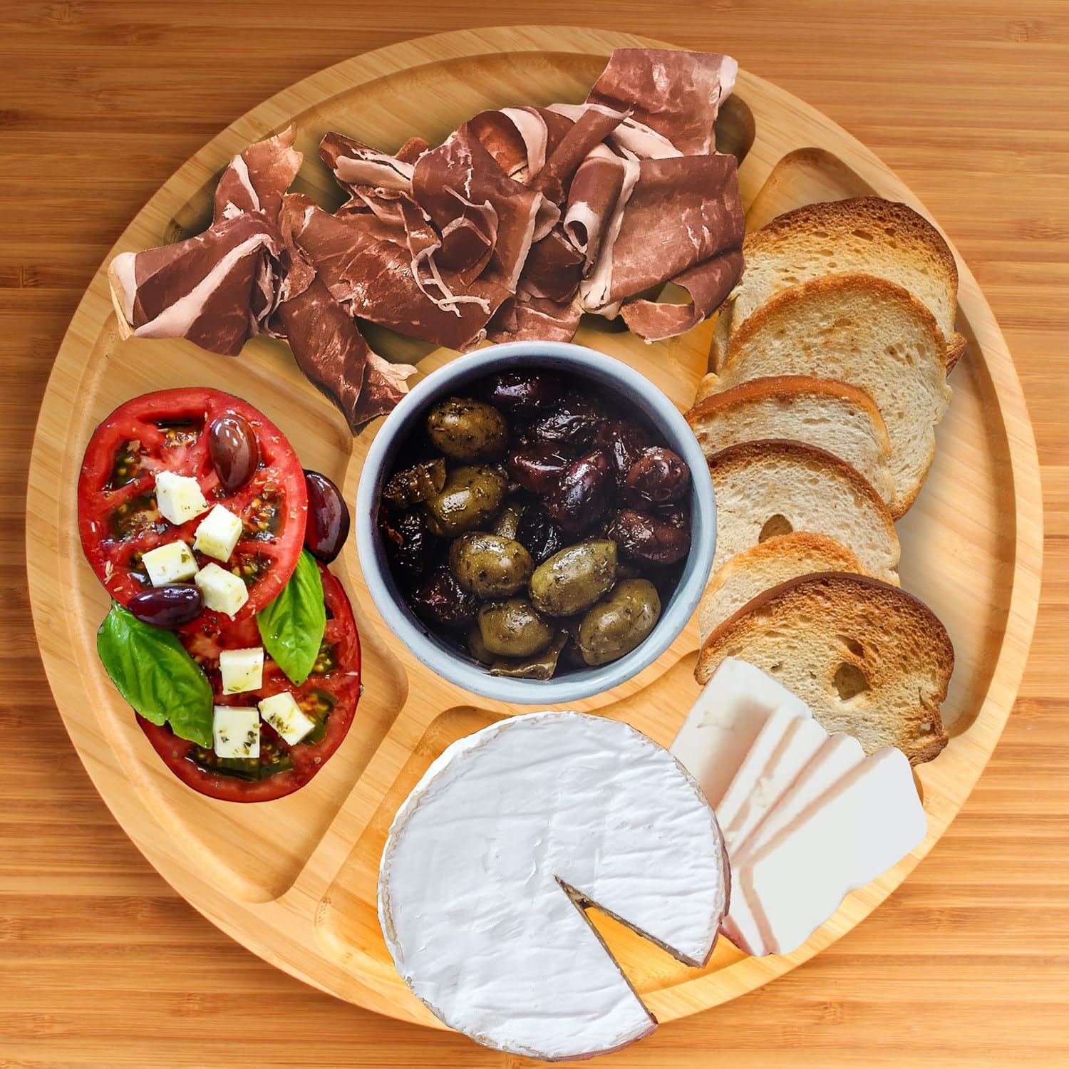 BambooMN Natural 12" Bamboo Round 5 Compartment Serving Tray/Platter, Charcuterie Board, Perfect for Snacks, Party Platter, Appetizers - 3 Trays