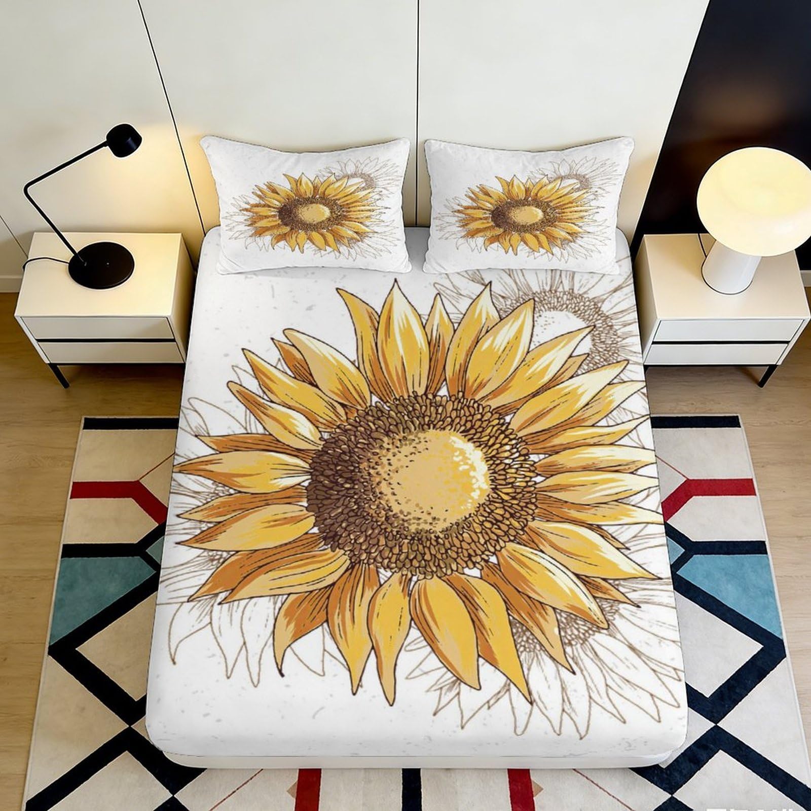 3D Printed Sunflower Fitted Sheet Microfiber Soft Breathable Floral Bed Cover for Bedroom Dormitory Guest Room Protection Decor 120x200x25cm