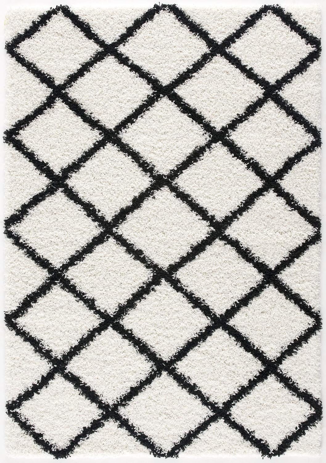 L'Baiet Halle White Black Geometric Diamond Pattern Modern Soft Shag Indoor 8' x 10' Area Rug