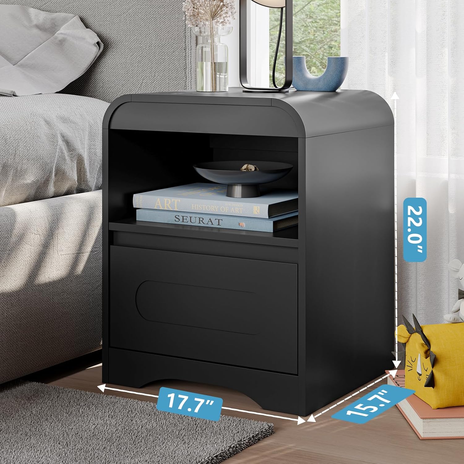 Black Nightstand Set of 2, Nightstand with Drawers, 22" Modern Nightstands Bed Side Table Large Bedside Stand 18" Wide End Table for Bedroom Sofa Office,Curved Profile Design