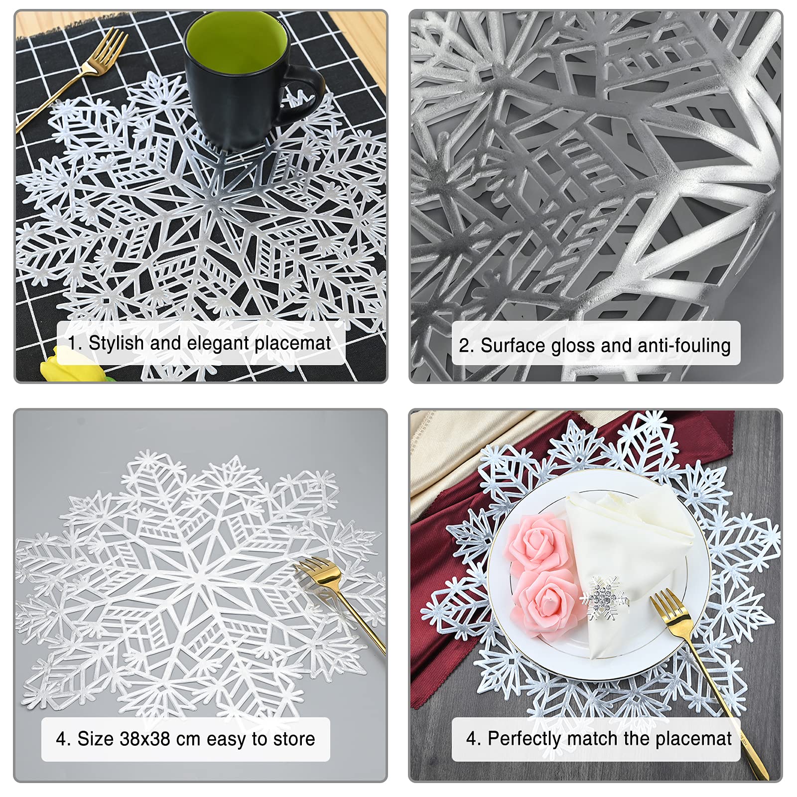 QeeFop Lot De 6 Set De Table Noel Argent PVC Avec Flocons De Neige Sets De Table, Lavables Antidérapants Et Résistants à La Chaleur, Set De Table En Vinyle Pour Noël, Mariage