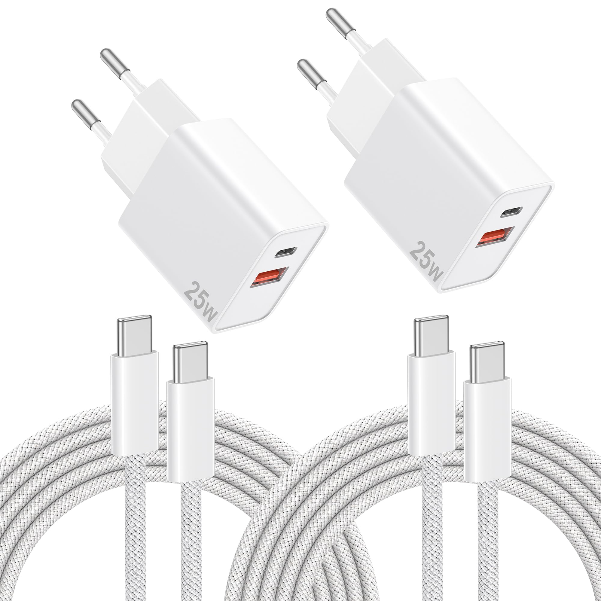 25W USB C Ladegerät Ladekabel 2Pack für iPhone 17 16 15 Pro/Pro Max,[USBC + USBA] Schnellladegerät mit USB C 60W Kabel 2M für Samsung Galaxy S25 S24 S23 Ultra