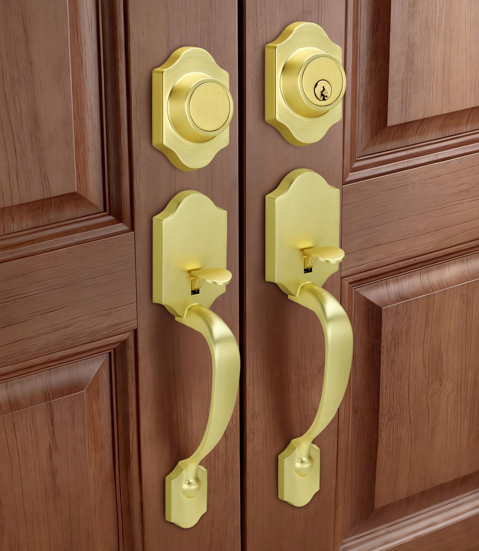 Moquin Brushed Gold Double Door Handle Set for Front Door, Gold