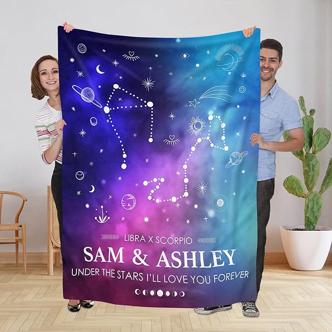 Personalized Couple Names Sign Astrology Blanket, Custom Zodiac Aries Taurus Gemini Cancer Leo Virgo Libra Scorpio Sagittarius Capricorn Aquarius Pisces Constellations Gifts For Women