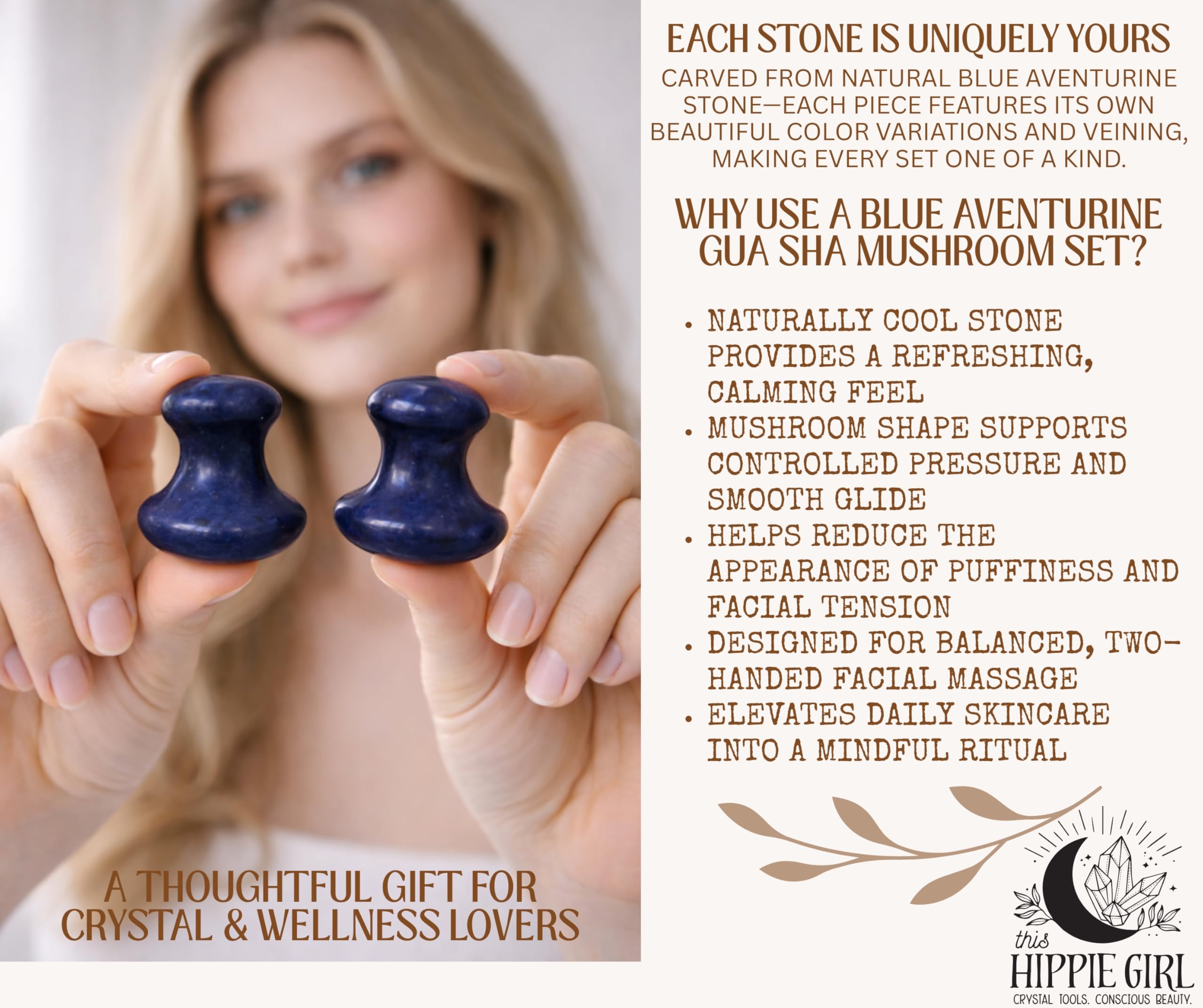 Este juego de 2 herramientas de masaje de cristal natural de aventurina azul Gua Sha para niña hippie (juego de 2) | Piedras hechas a mano para el cuidado de la piel para cara y cuerpo | Alivio de