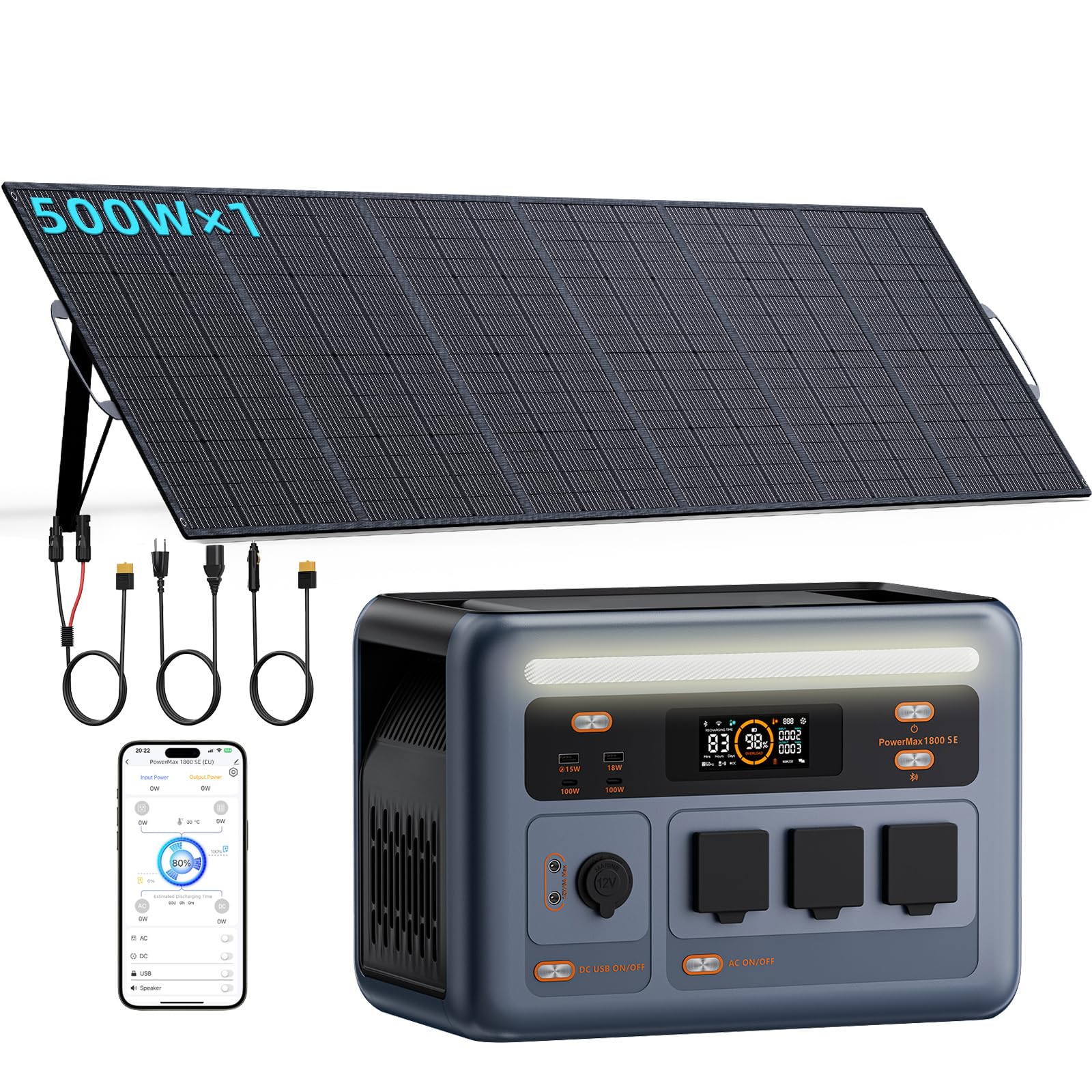PowerMax 1800SE Stazione Elettrica Portatile 1800W (3600W di Picco), Batteria 1024Wh LiFePO4 Generatore Solare con 1 * 500W Pannello, App, Di Alimentazione per Campeggio, Camper e Domestico