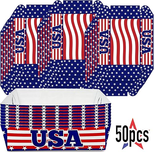 Miniatura 5 de Bandejas de papel de la bandera estadounidense para alimentos  (50 unidades) bandeja desechable de concesión de la bandera de Estados Unidos  Cestas