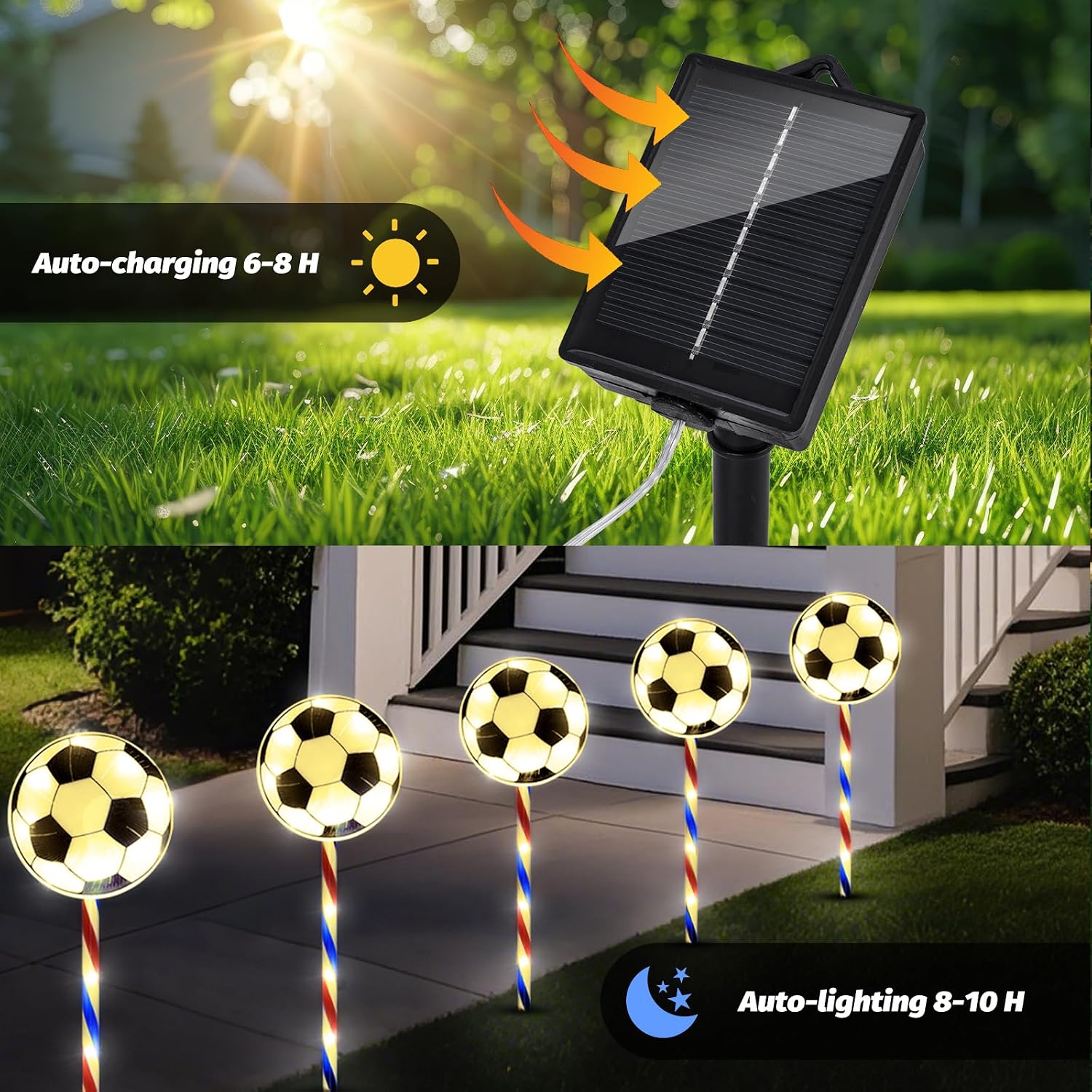 4th of July Decorations Outdoor Solar Soccer Pathway Lights, 2026 World Cup 8 Modes Patriotic Yard Decor, Independence Day Memorial Day Walkway Lights for Garden, Party Favors (10 PCS-Warm White)