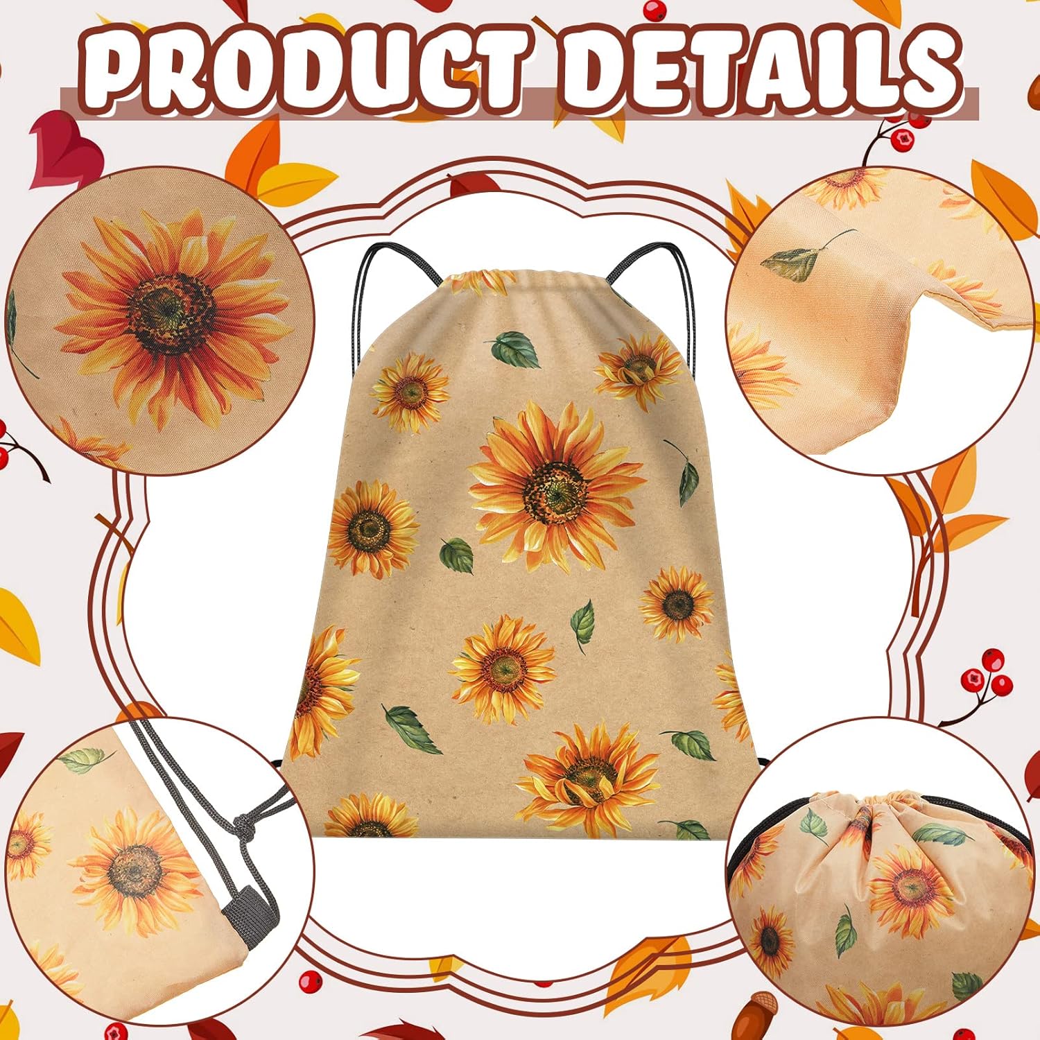 12 Pcs Thanksgiving Fall Gift Bags with Drawstring Polyester Fall Treat Bags Maple Leaves Sunflowers Nuts Pumpkin Goodie Bags for Kid Candy Grocery Party Favor Wedding Birthday Bridal Shower, 6 Design - Image 4