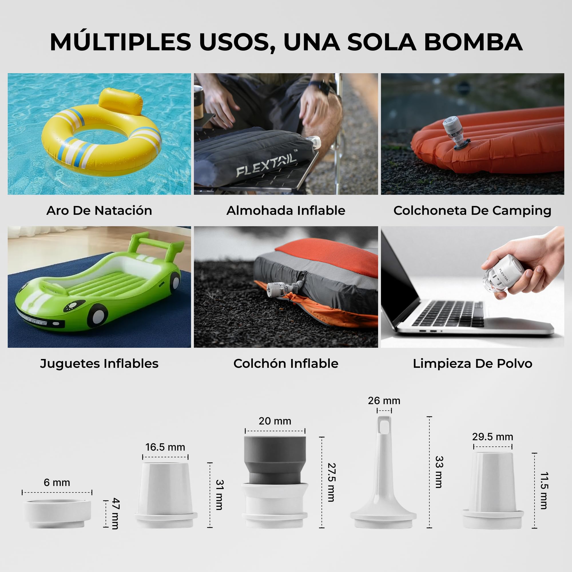 Bomba de Aire Portátil FLEXTAILGEAR, Inflador Eléctrico con Luz 5 Modos, Silenciosa, Mini Bomba para Colchón, Esterilla, Bolsas de Vacío y Flotadores
