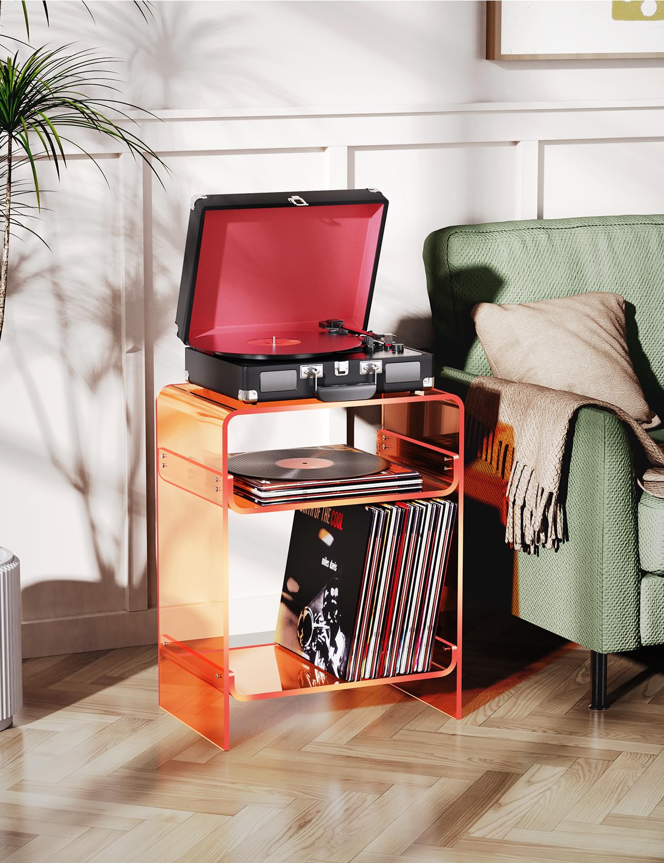 Acrylic Record Player Table with Storage Shelf, Clear Side Table Nightstand (Orange)