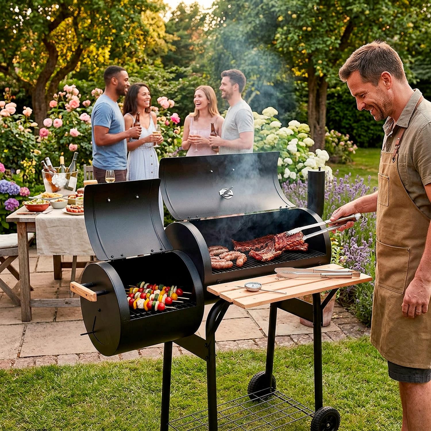 Barbecue A Carbone Con Affumicatore Laterale BBQ Con Termometro Integrato Griglie Cromate Ripiano E Maniglie Griglia In Legno Ruote Per Giardino E Terrazzo 109.5 X 59 X 116 Cm Nero