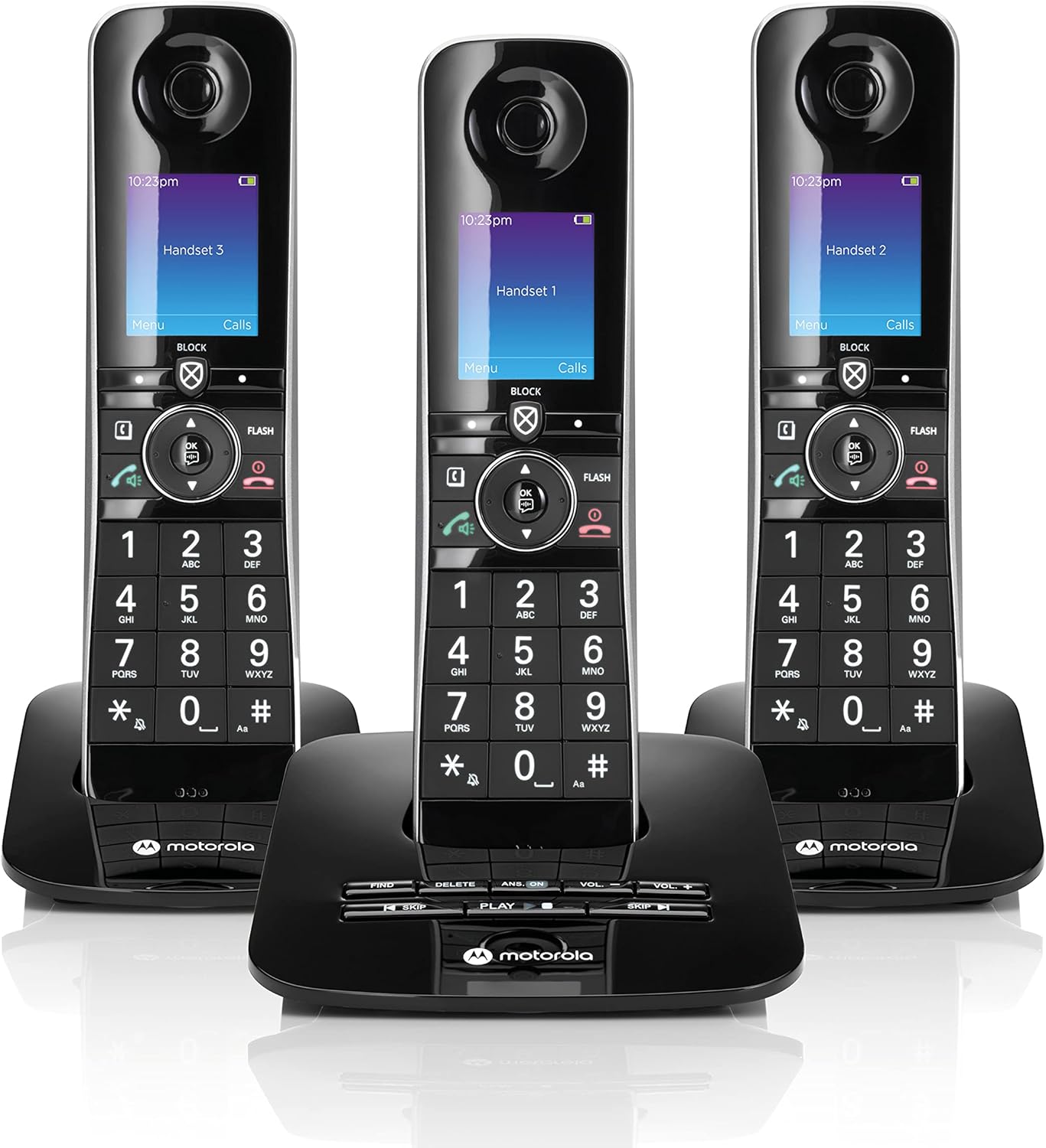 Motorola Voice D8713 Cordless Phone System w/3 Digital Handsets + Bluetooth to Cell, Answering Machine, Call Block – Black