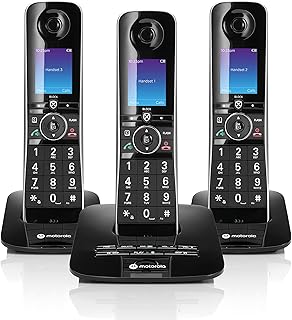 Motorola Voice D8713 Cordless Phone System w/3 Digital Handsets + Bluetooth to Cell, Answering Machine, Call Block - Black