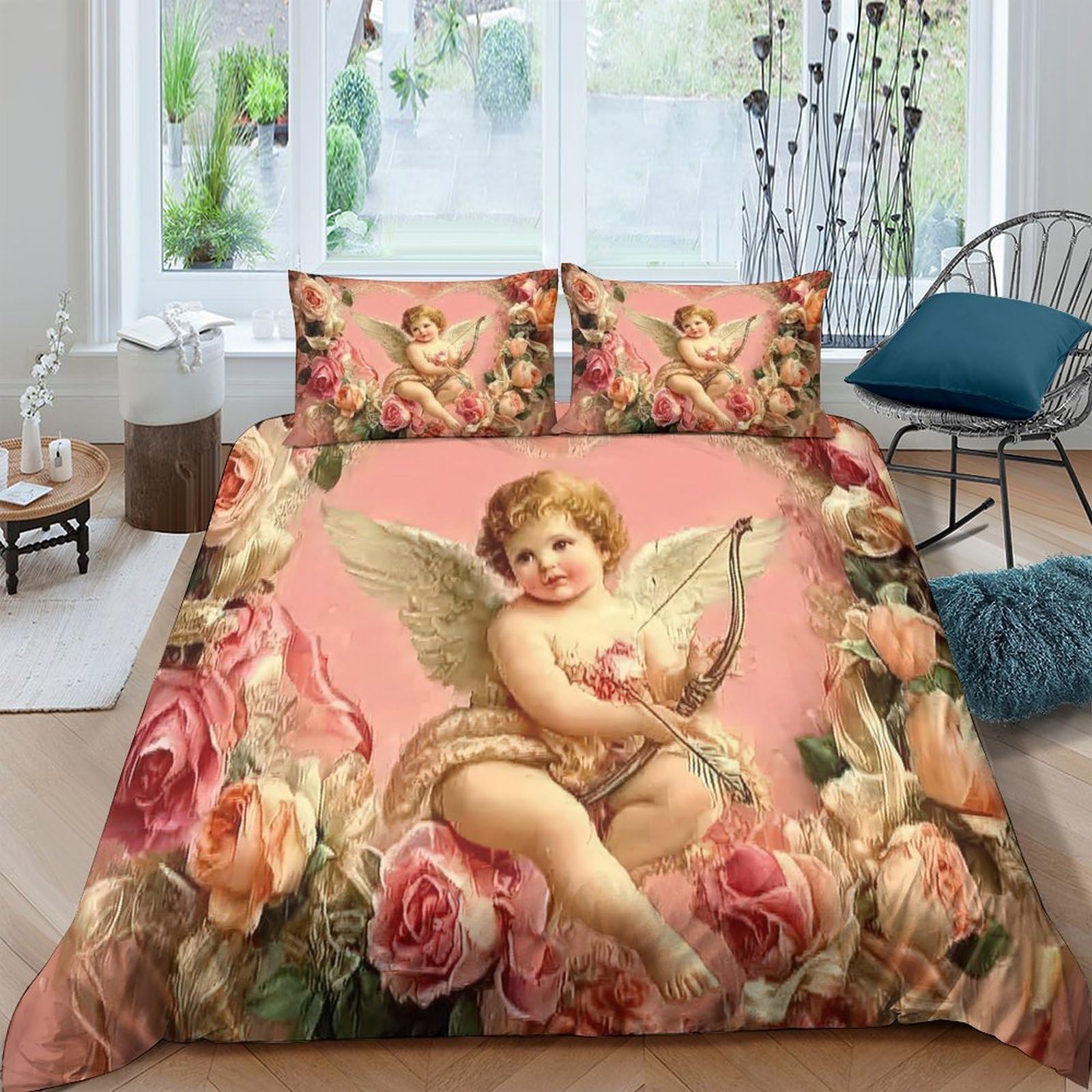 Ctjqhvkz Style-6 3D Printed Cherub Angel Fitted Sheet Microfiber Pink Floral Bed Cover For Bedroom Guest Room Mattress Protection Decor Single（135X200cm）