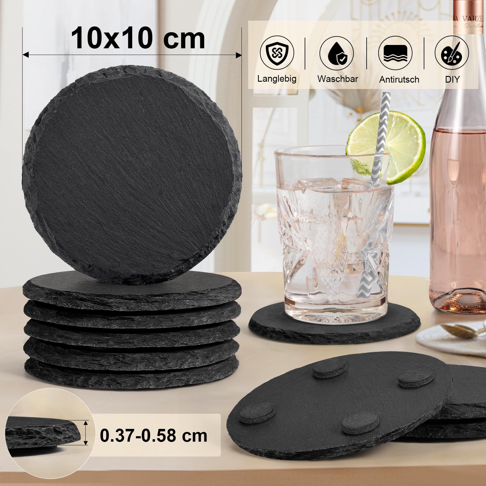 48 Stück Schiefer-Untersetzer Set für Lasergravur, MAPRIAL 10cm Quadrat und Rund Jeweils 24 Stück Natürliche Schwarze Getränkeuntersetzer für Geschenke, Hochzeiten, Weihnachten, Wohndeko
