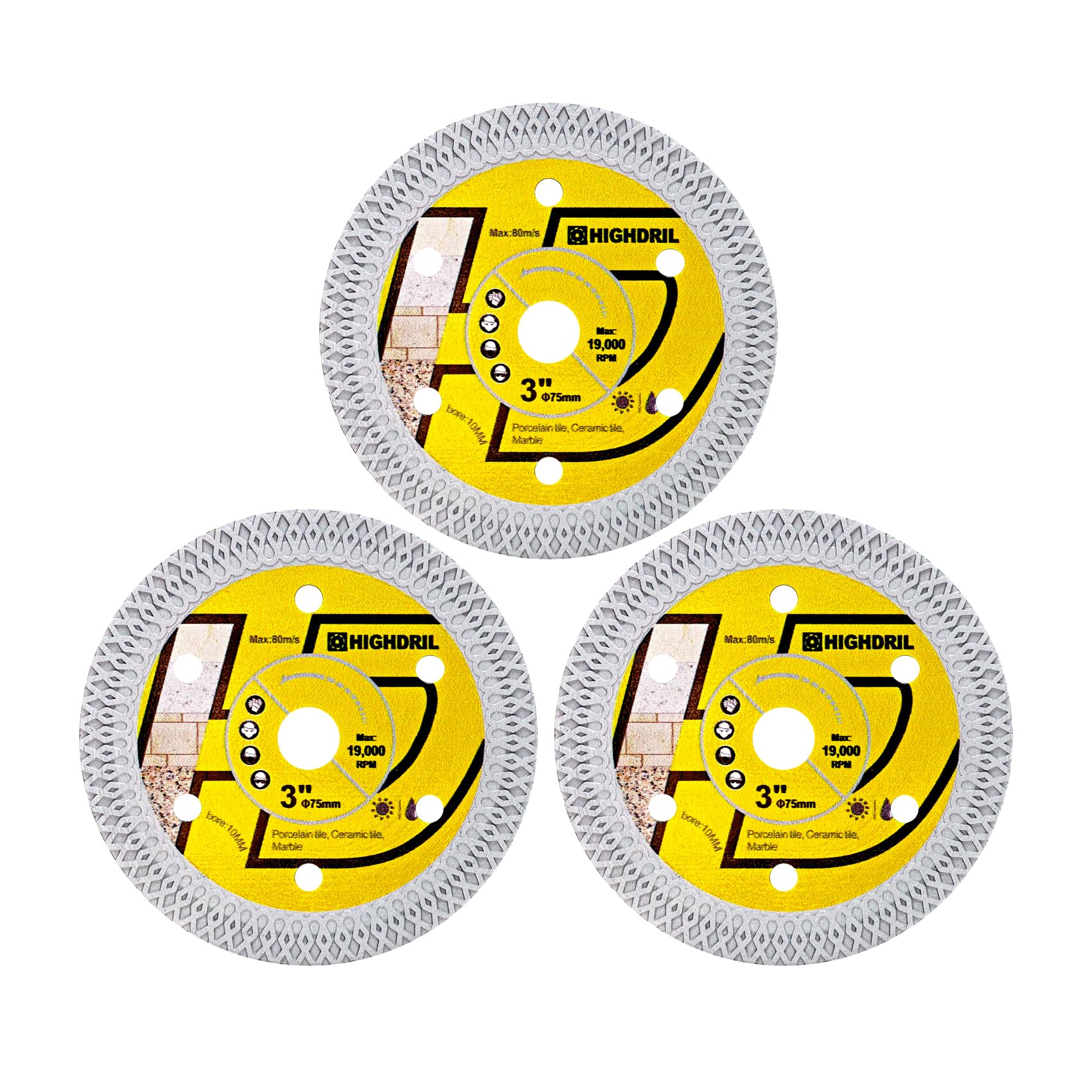 HIGHDRIL Diamantscheibe Fliese 75mm x 10mm, 3STK X-Zähne Fliesensägeblatt für Hartkeramik Porzellanfliesen Granit für Bosch GWS 10.8-76 Fliesenscheibe