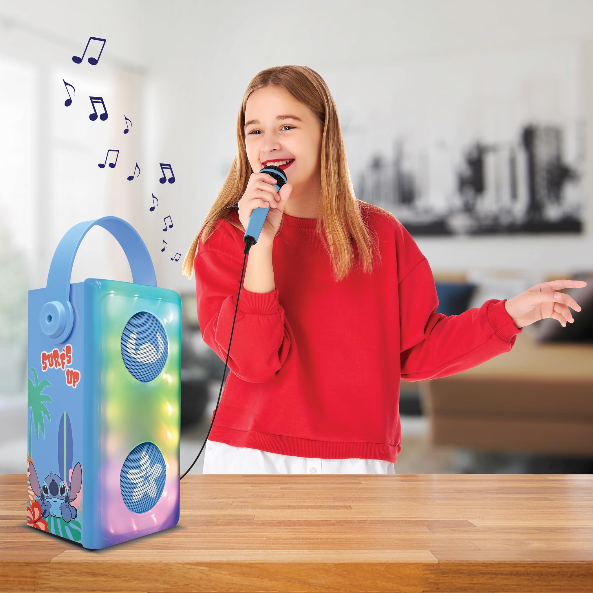 Lexibook, Disney Stitch, Altoparlante Bluetooth® wireless luminoso con microfono, Effetti di luce multicolori, Slot per scheda SD/TF, Batteria ricaricabile, Blu, BTP185DZ