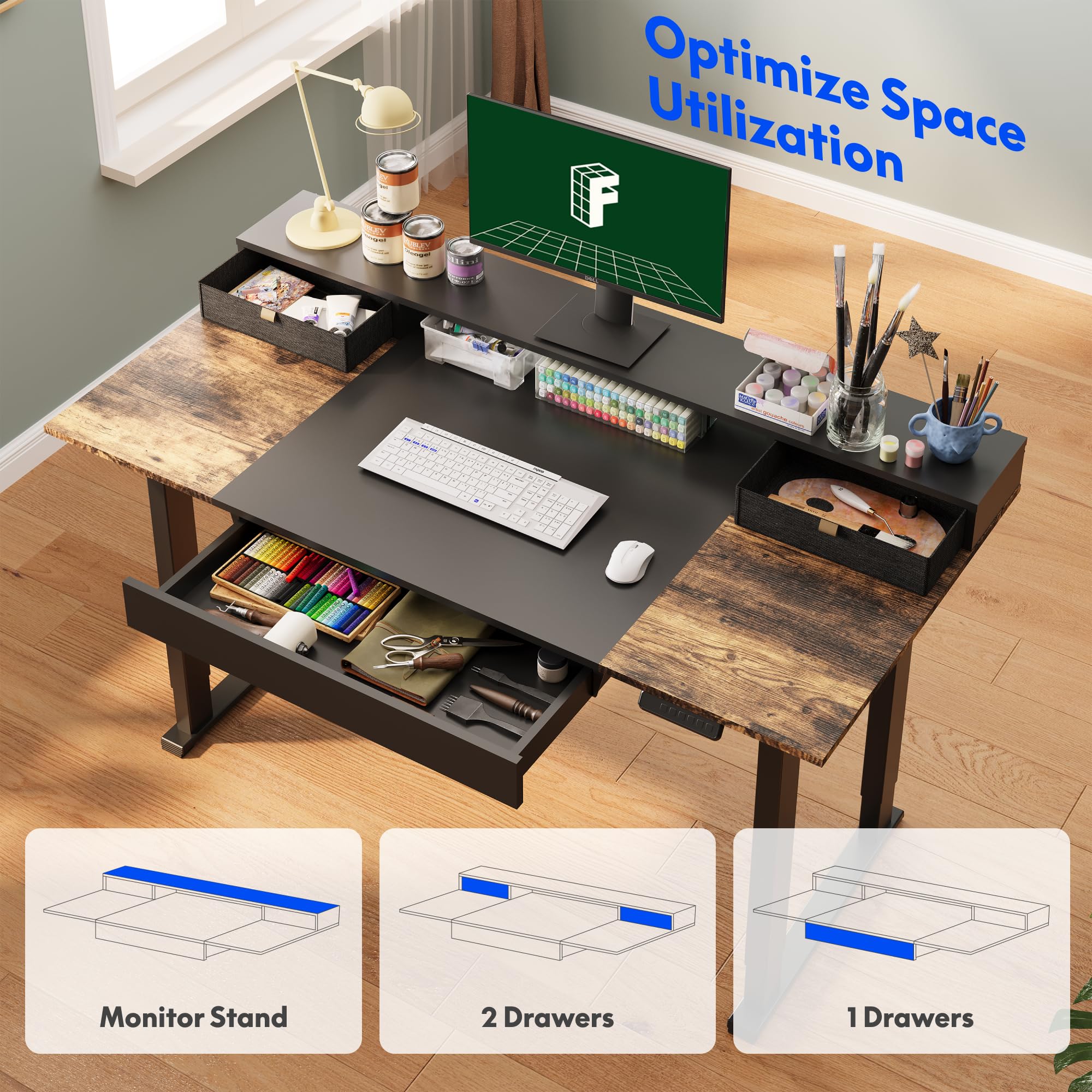 FLEXISPOT 63x32 in 4-Leg Standing Desk with Storage Electric Adjustable Height with 3 Drawers Shelving Home Office Workstation — view 4