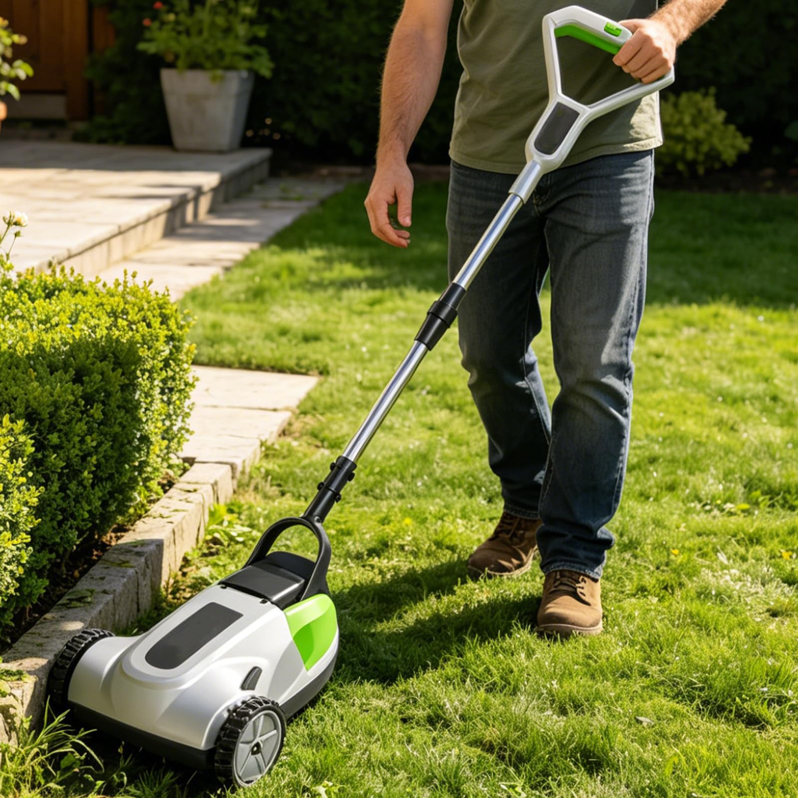 Cortacésped Eléctrico Ancho con Protección de Apagado Automático, Cortadora de Césped con Motor Sin Escobillas de 6500RPM Recortadora de Bajo Ruido con Diseño de Almacenamiento Vertical 2*4.5AH