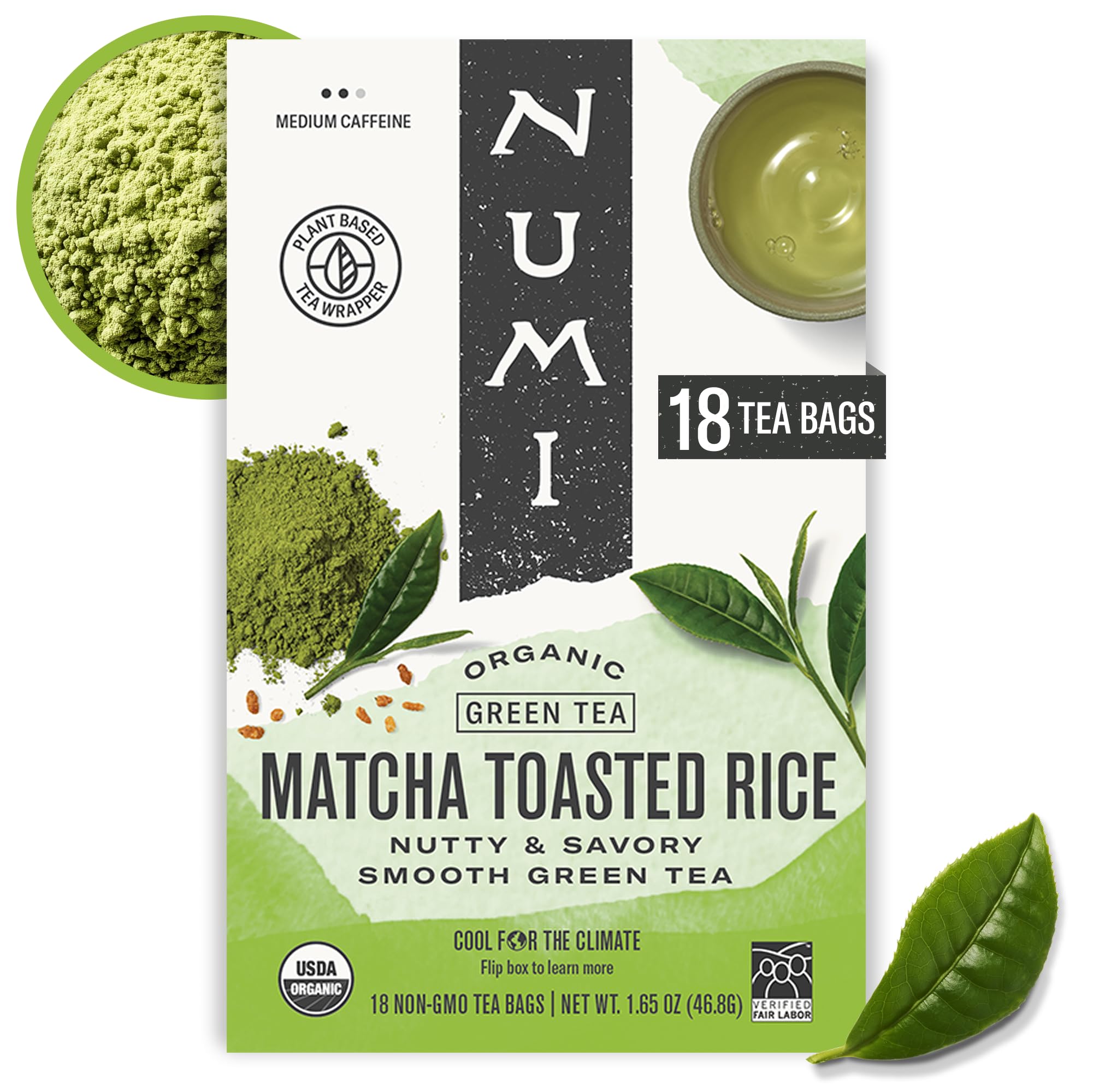 Numi Organic Matcha Toasted Rice Tea, 18 Green Tea Bags Micro-Plastic Free
