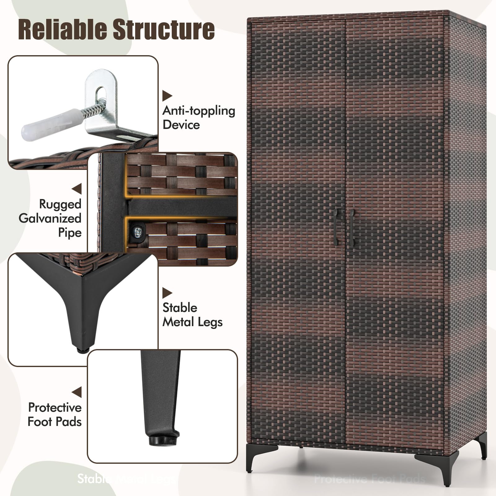 KOMFOTTEU Gartenschrank aus Rattan, Aufbewahrungsschrank mit 5 Einlegeböden & Hängeregal, Terrassenschrank Geräteschrank mit Doppeltüren, Rattanschrank 72 x 50 x 157 cm (Mix Braun)